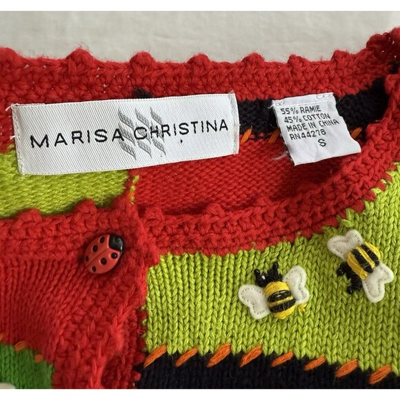 Vtg Marisa Christina Gardener Spring Vest Artsy 3D Bugs Fruit Veggies Frog Sz S - Picture 4 of 6